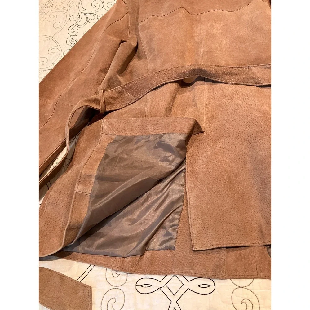 Rouge Leather Womens XL Cognac Brown Suede Belted Safari Jacket Button Front - Picture 6 of 13